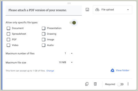 Example of a file upload question on a Google Form.